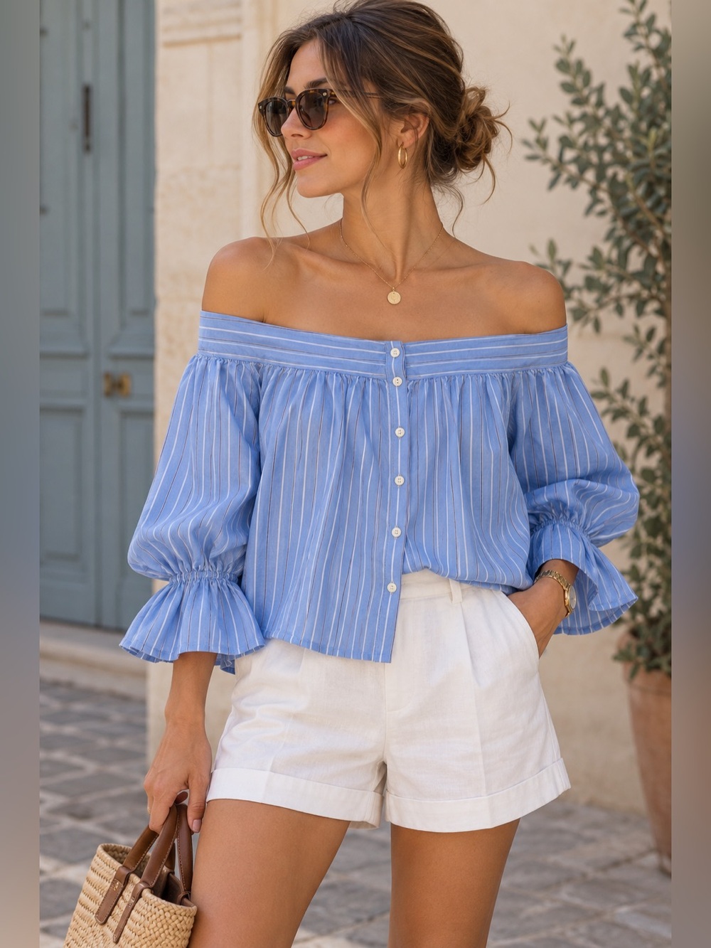 Striped Off-Shoulder Blue Button-Back Top